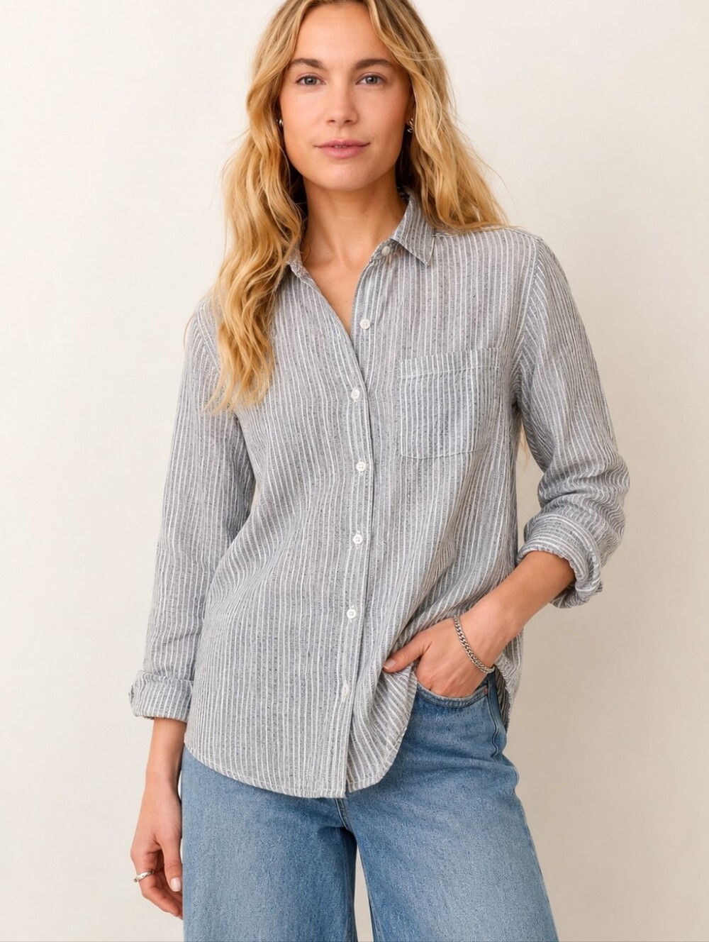 MARINE LAYER Gray Linen Blend Long Sleeve Button Up Blouse